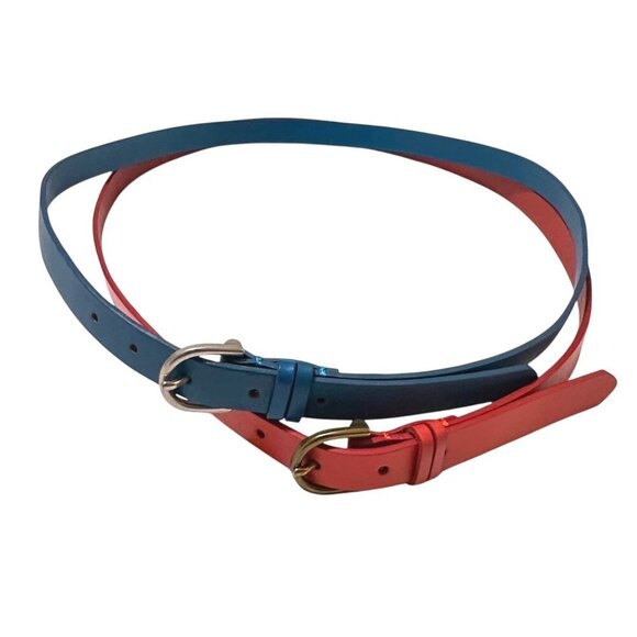 Gap Womens Leather Belt Set Orange/red & Blue With Metal Buckles - Size L- 2 Bel